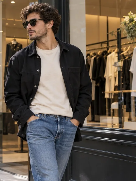 Chico con anteojos de sol, sobrecamisa negra, remera crema y jean frente a una vidriera